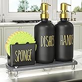 Cisily Kitchen Soap Dispenser Set Comes with Ceramics Sponge Holder, Gold Pumps, and Instant Dry Tray, Hand and Dish Soap Dispenser Set Suitable for Kitchen Decor and Accessories(Black & Gold)