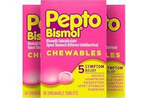 Pepto Bismol Chewable Tablets, Upset Stomach Relief, Nausea Relief, Heartburn Relief, Indigestion Relief, Anti Diarrhea Medication for Adults - 5 Symptom Relief, 90 Chewable Tablets (3x30 ct)
