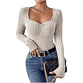 SOLY HUX Women's T Shirt Sweetheart Neck Long Sleeve Ruched Slim Fit Casual Solid Tee Tops