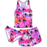 Girls Swimsuit 3 Piece Tankini Bathing Suit Set Summer Racerback Top Girls Bikini Swimwear with Shorts 6-14 Years