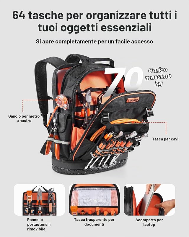 Zaino Portautensili, 64 Tasche, per Attrezzi Pesanti, Zaino da Lavoro con Scomparto per Laptop e Base Sagomata, Borsa da Cantiere per Elettricisti, Riparatori e Tecnici HVAC Nero