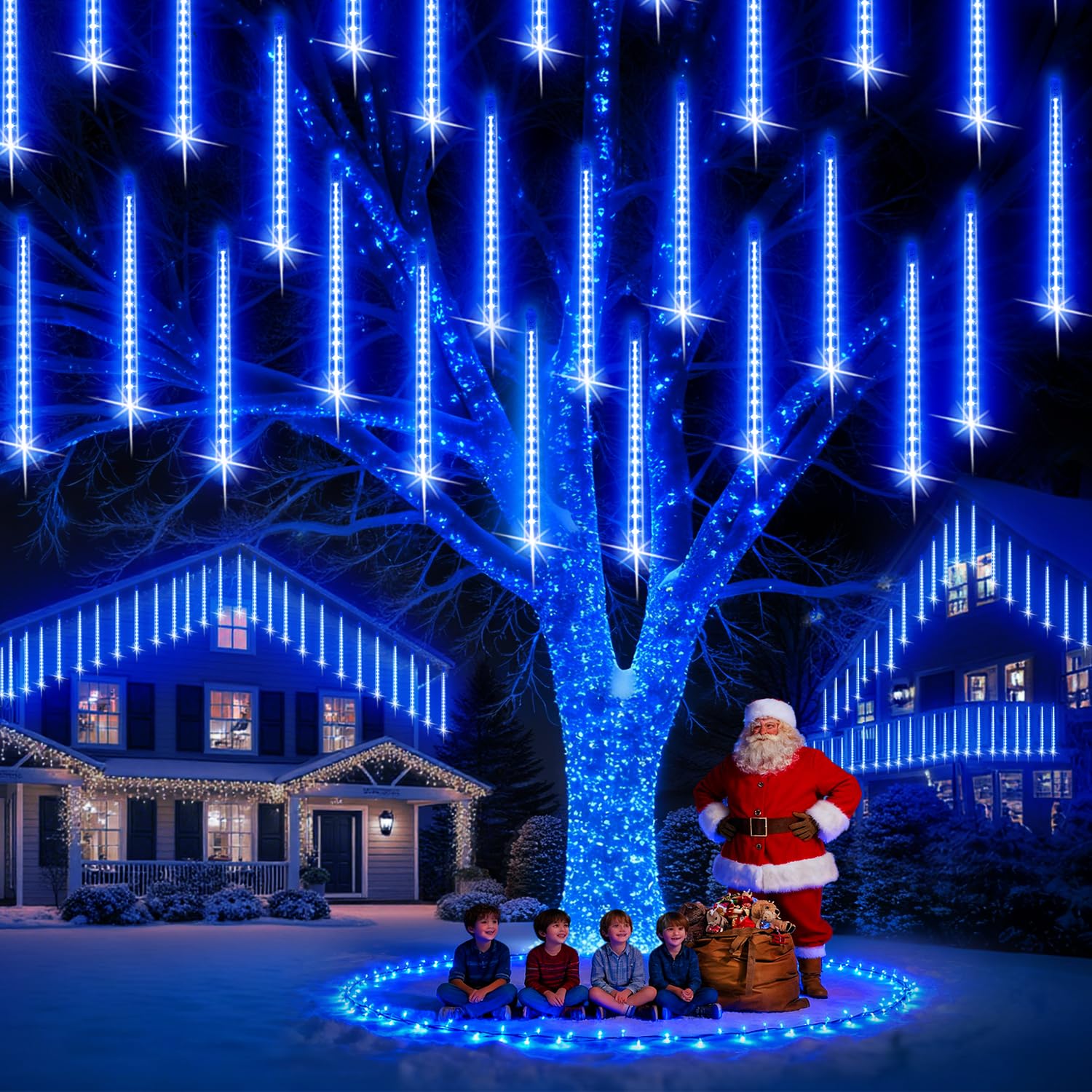 PEMOTech Christmas Lights Outdoor,16 Tubes 40cm 576 Led Meteor Shower Lights, Waterproof Christmas Decorations Icicle Lights for Xmas Tree Halloween Party, Outdoor ChristmasDecorations,Ul Plug,Blue — image 1