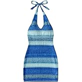 GORGLITTER Women's Crochet Halter Mini Dress Cut Out Colorblock Backless Knit Summer Vacation Beach Cover Up Sundresses