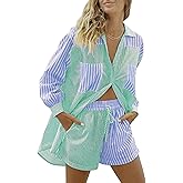 SAFRISIOR Women’s 2 Piece Casual Tracksuit Outfit Sets Stripe Long Sleeve Shirt And Loose High Waisted Mini Shorts Set