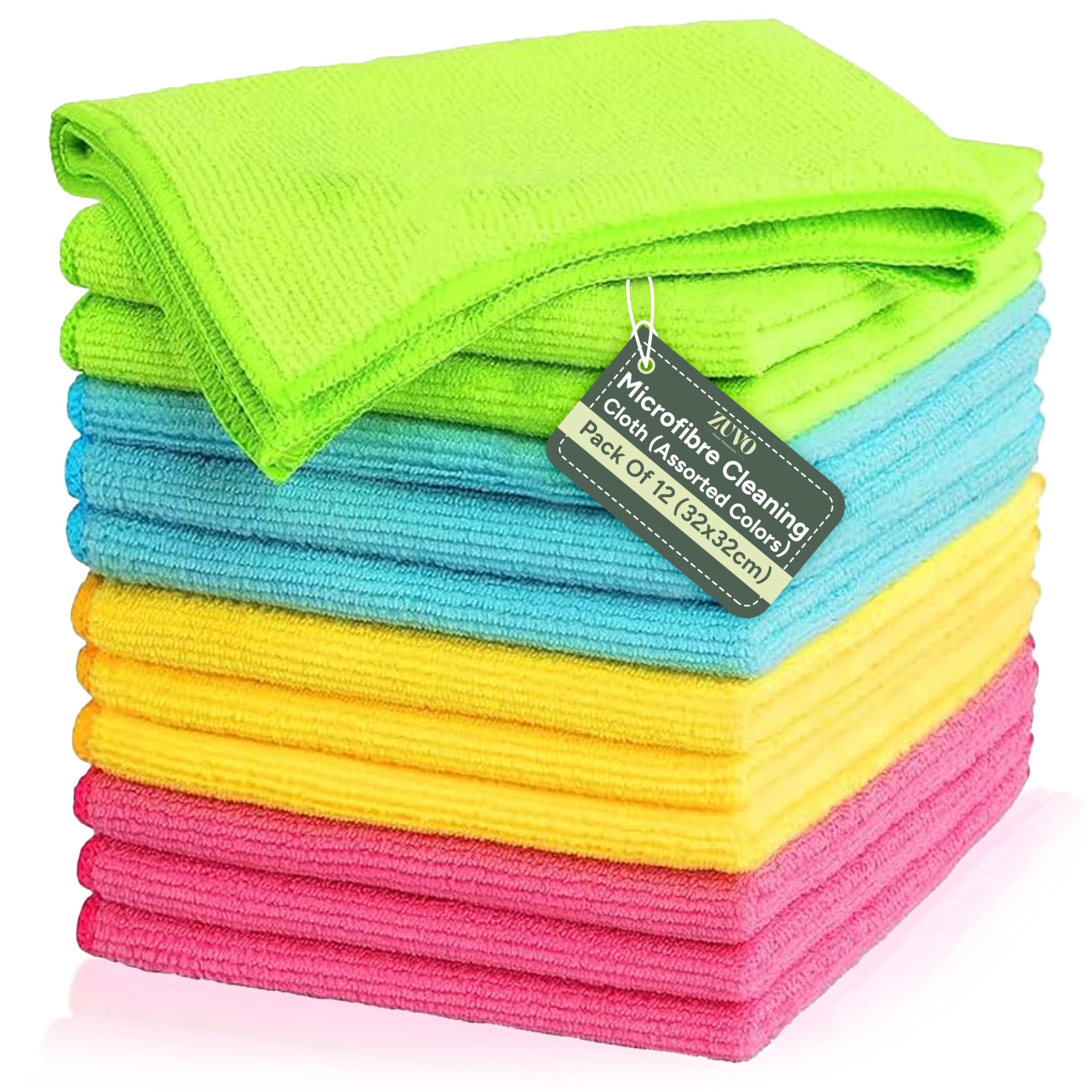 Zuvo Microfibre Cleaning Cloth 12 Pack — Lint-Free, Streak-Free Cloths for Glass, Screens & Surfaces | 32×32 cm, Assorted