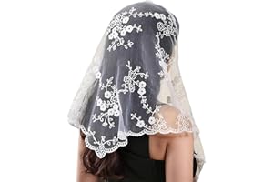 Lusstiazz Triangle Veil with Lace Edge, Floral Pattern Sheer Tulle Chapel Bridal Veil for Wedding, Church, Daily Use Mantilla