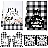 Bencailor 6 Pcs Farm Kitchen Towels Oven Mitts and Pot Holders Decorative Dish Towels Tea Non Slip Heat Resistant Oven Gloves for Summer Home Cooking Dish Baking BBQ, Black, White