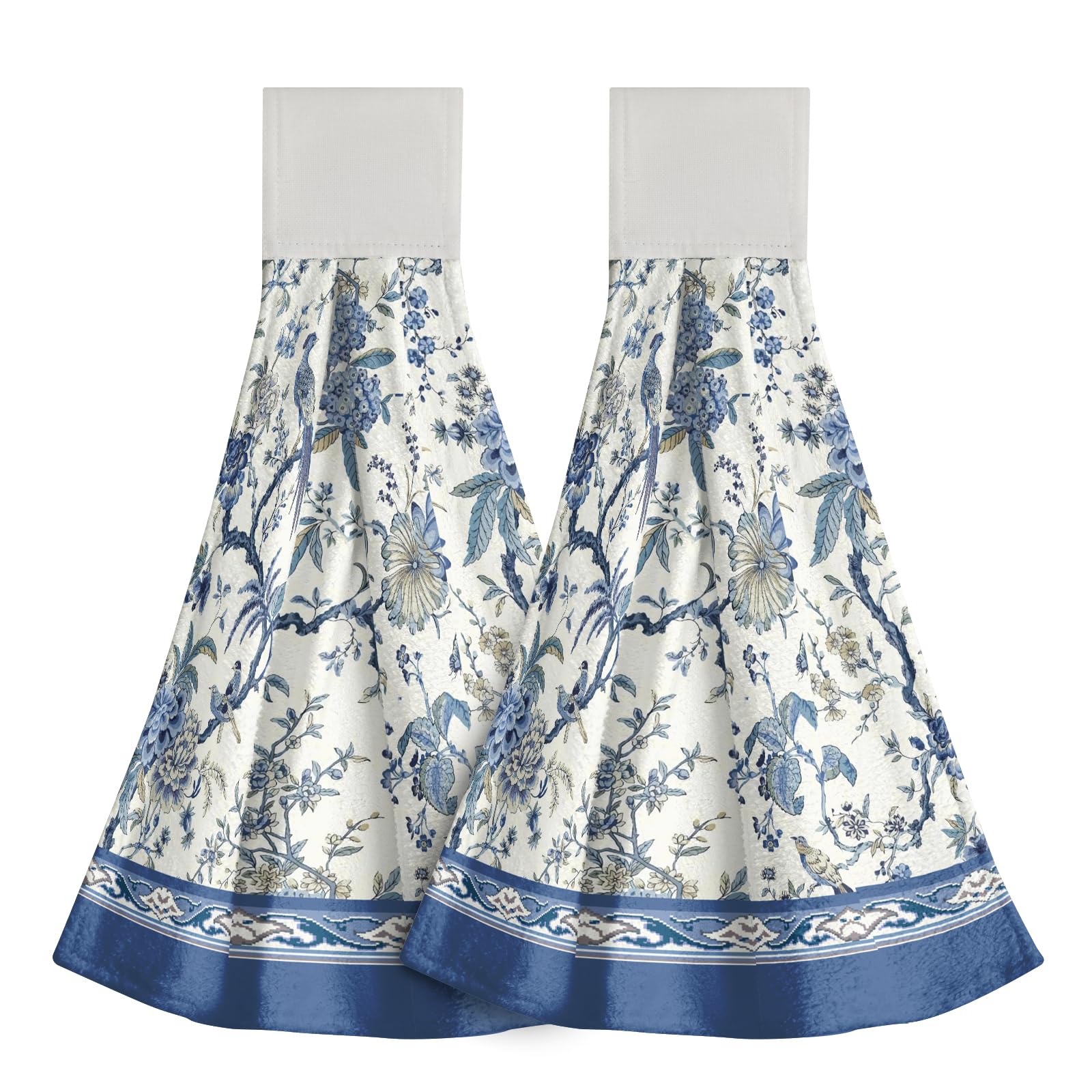 Photo 1 of +++ UPDATED **NEW PHOTO**  Chinoiserie Flower Kitchen Hanging Towel Set of 2, Blue White Oriental Bird Floral Hand Tie Towel with Loop & Hook, Absorbent Soft Washcloth Dish Tea Bar Towel for Bathroom Gym Decor