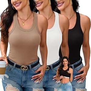 CE' CERDR 3 Pack Women’s Ribbed Tank Tops with Built-in Bras Racerback Top | Fitted, Padded, Scoop Neck, Stretch Fabric, Elas