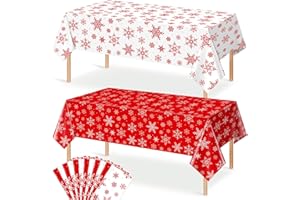 JECTIVS 12 Pieces Christmas Snowflake Plastic Party Tablecloth Decorations,54x108 inch Disposable White Red Rectangle Snowflake Xmas Table Cover Backdrop for Winter Christmas Holiday New Year Party Supplies