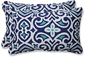 Pillow Perfect Damask Indoor/Outdoor Accent Throw Pillow, Plush Fill, Weather, and Fade Resistant, Lumbar - 11.5" x 18.5" , Blue/White New Damask, 2 Count