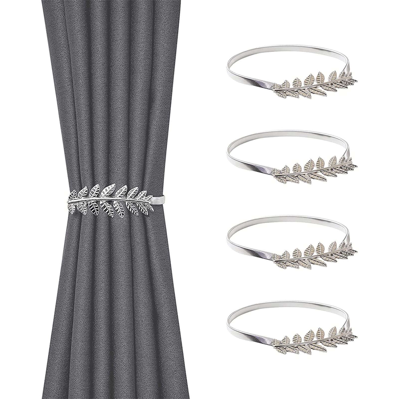 4 Pack Curtain Tie Backs, Silver Leaves Curtain Tiebacks Adjustable Curtain Holdbacks Modern Simple Style Drape Tie Backs, Metal Curtain Buckle Clips for Home Hotel Office Window Drapery Decoration