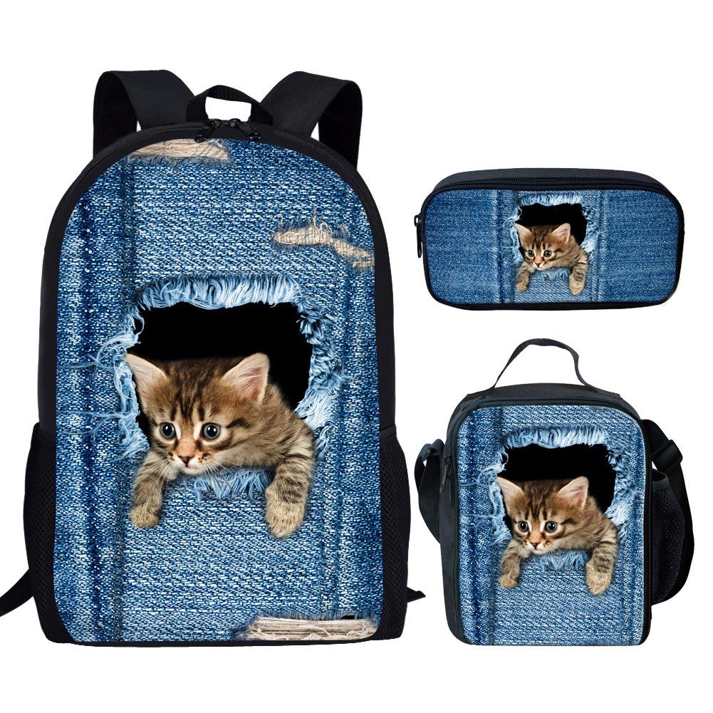 Showudesigns Student School Bag Set with Backpack/Lunchbag/Pencil Bag Denim Cat Pattern
