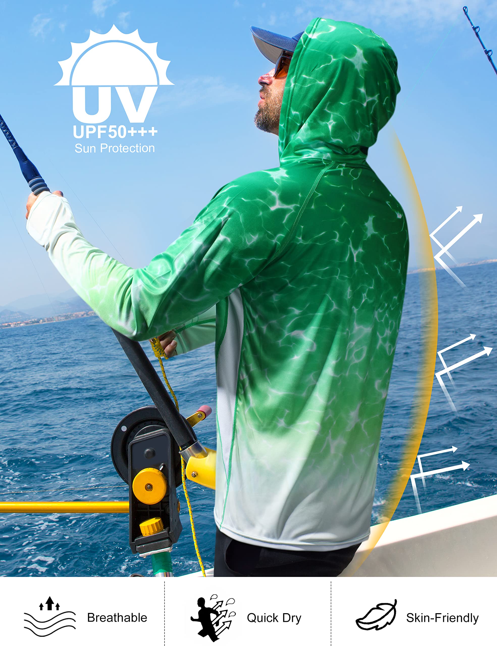 Roadbox Men's Performance Fishing Hoodie, UPF 50+ UV Sun Protection Rash Guard, Outdoor Long Sleeve Water Hiking Swim Shirts