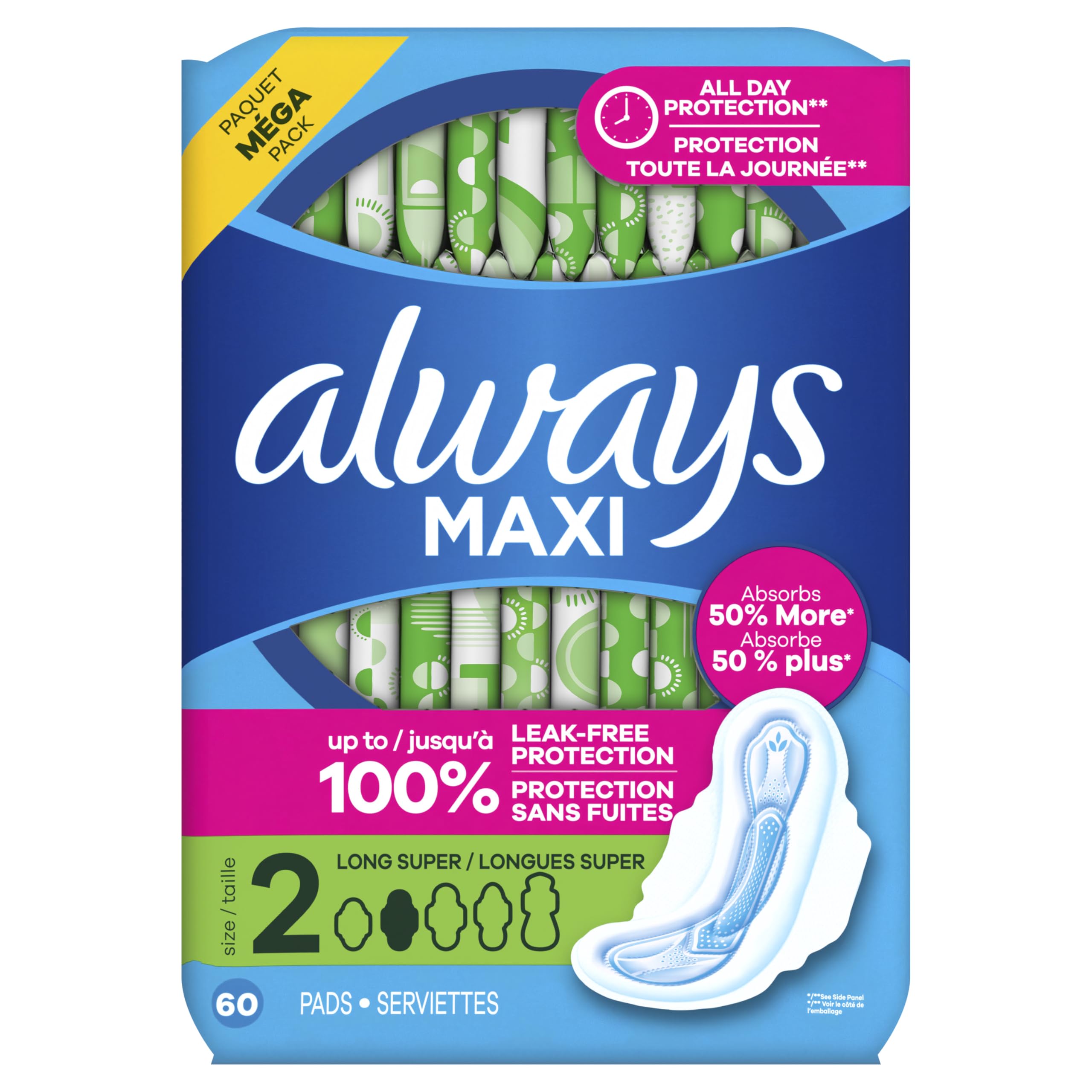 Always Maxi Feminine Pads with Wings for Women, Size 2, Long Super Absorbency, Unscented 60 Count