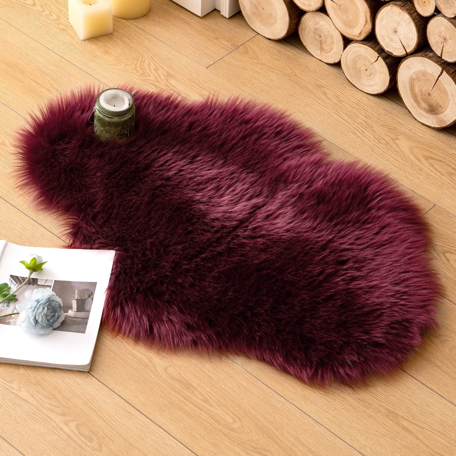 MIULEE Faux Fur Area Rugs Sheepskin Rugs Faux Fluffy Mat Fleece Chair Cover Seat Pad Soft Shaggy Area Mat for Bedroom Sofa Floor 60 x 90cm Cloud Shape Burgundy Red
