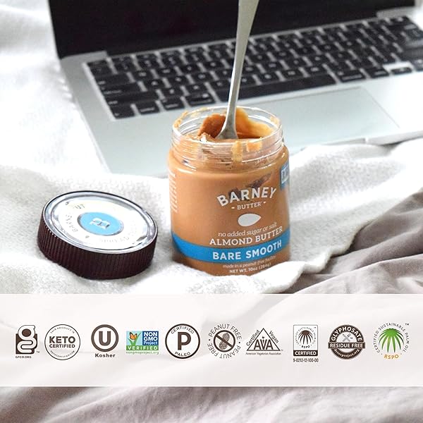 BARNEY BUTTER ALMOND BUTTER, BARE SMOOTH, 10 OUNCE JAR, NO ADDED SUGAR OR SALT, SKIN-FREE ALMONDS, NO STIR, NON-GMO, GLUTEN FREE, KETO, PALEO, VEGAN