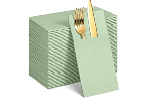 60 Pcs Sage Green Linen-Feel Paper Napkins with Built-in Flatware Pocket, Pocket Linen Napkins Prefolded Cloth Like Paper Nap