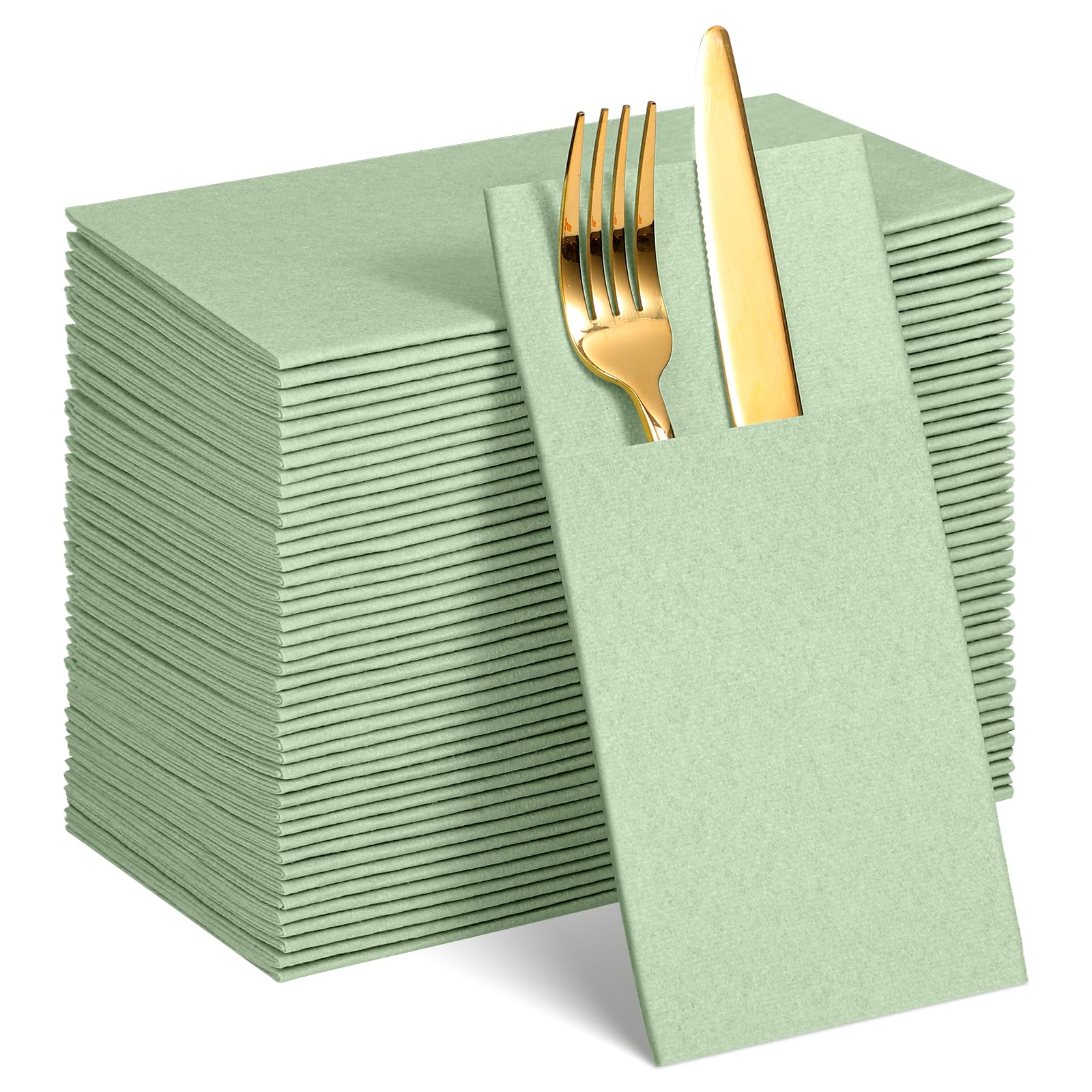 Photo 1 of 60 Pcs Sage Green Linen-Feel Paper Napkins with Built-in Flatware Pocket, Pocket Linen Napkins Prefolded Cloth Like Paper Napkins Bulk for Silverware Easter Wedding Baby Shower Birthday Bridal Party