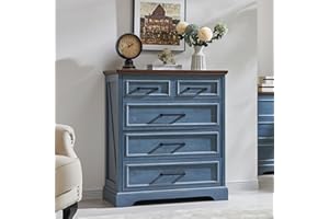 ACCOHOHO Farmhouse 5 Drawer Dresser for Bedroom, 36 Inch Tall Modern Dresser Chest of Drawers, Rustic Wood Storgae Organizer with Large Drawers & Bar Handles for Bedroom, Living Room, Hallway, Blue