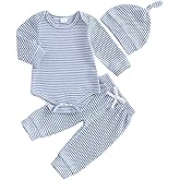 fhutpw Baby Boy Clothes 3 6 9 12 Months Striped Long Sleeve Romper Tops + Pants + Hat 3Pcs Infant Fall Winter Bodysuit Outfit