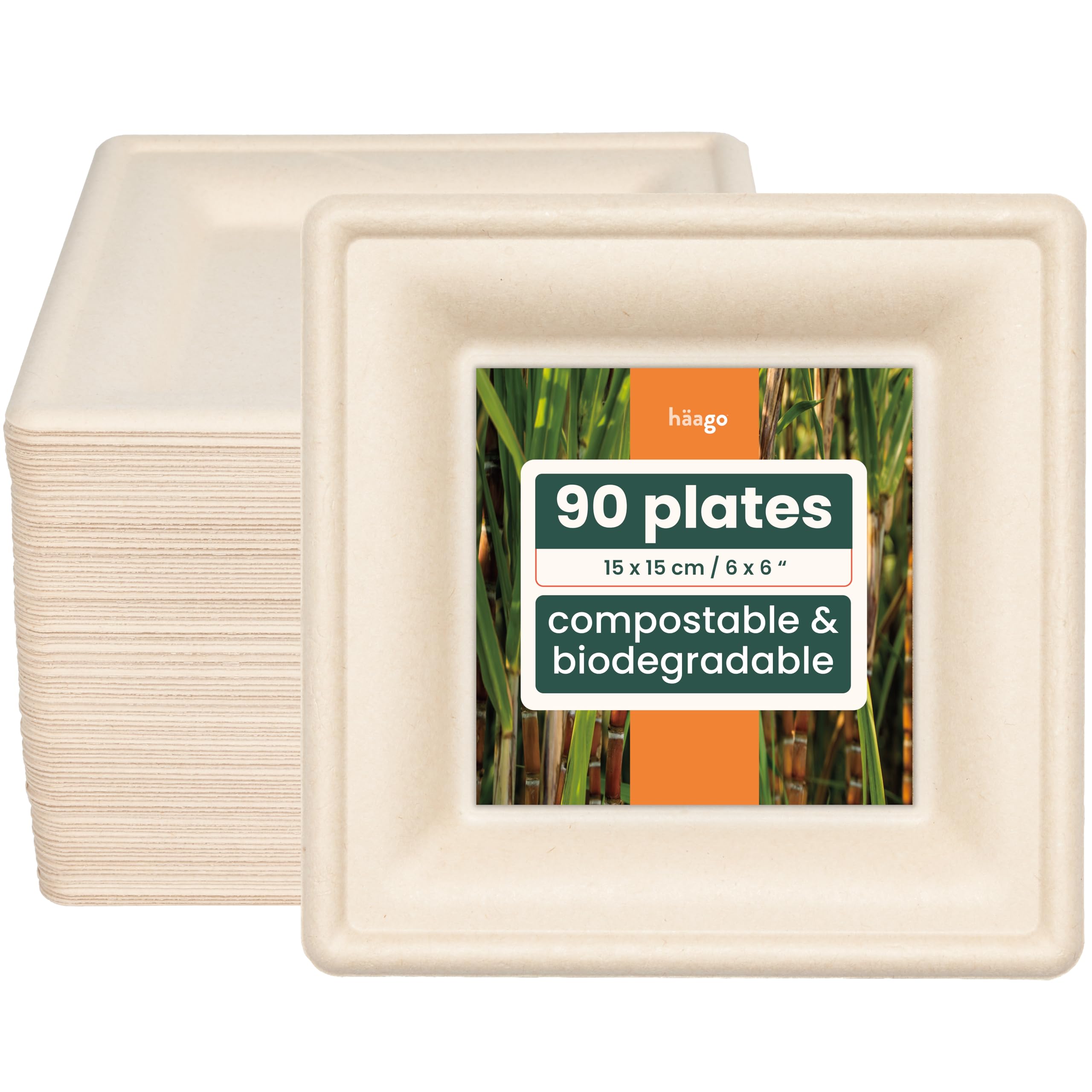 HAAGO 90 Strong Compostable Sugarcane Dessert Plates, 15 cm / 6 Inch – Heavy Duty, Grease- & Leak-Proof Paper Plate – Biodegradable Disposable Side Plates for Hot & Cold Food, Parties, BBQ, Picnics