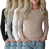 LessonZoo 4 Pack Girl's Long Sleeve Shirts Cotton Ribbed Knit Tops Crew Neck Lettuce Trim Tee Shirt Basic Solid Fitted Blouse