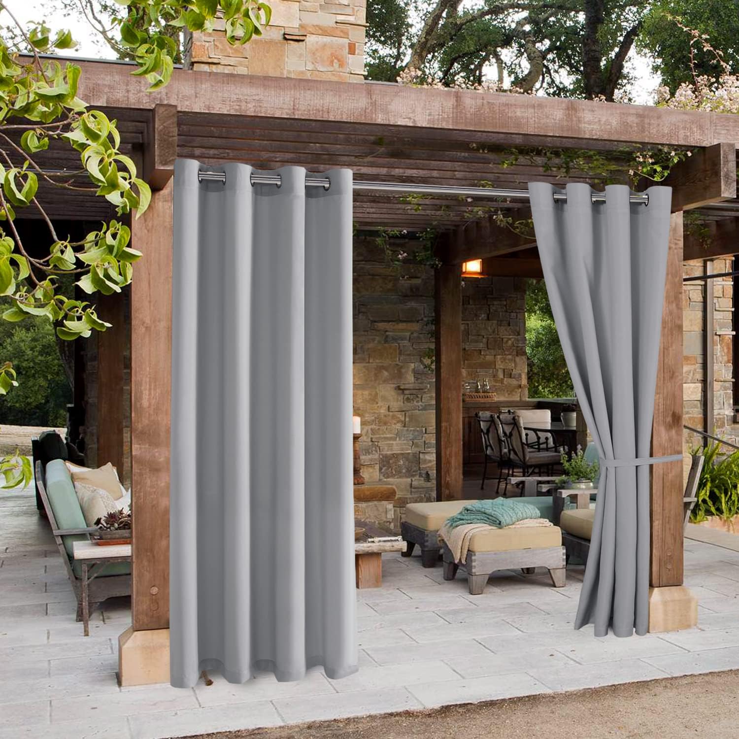 Outdoor Curtains - Hiasan Outdoor Curtains for Patio Waterproof, 120 x 96 inch - Privacy Indoor Outside Curtains for Gazebo/Porch/Pergola (Light Grey, Single Panel Sewn with 2 Tiebacks, Top of Grommet)