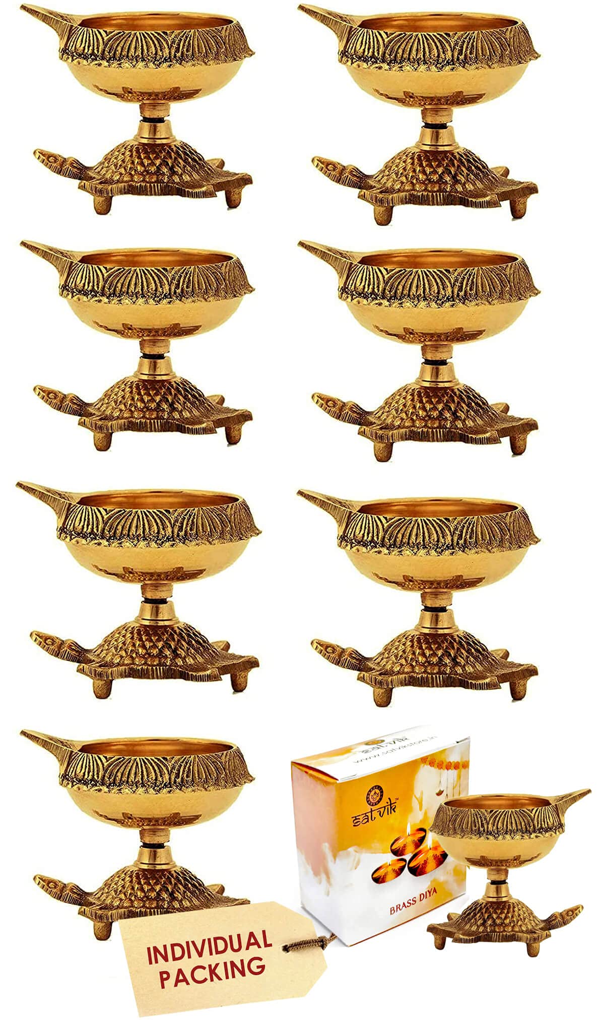 SATVIK 8 Pc Heavy Brass Kuber Turtle Diya for Diwali Decoration. Handmade Oil Lamp with Golden Engraved Pure Brass Metal. Diwali Diya Vilakku for Puja Pooja. Traditional Indian Deepawali Gift Items