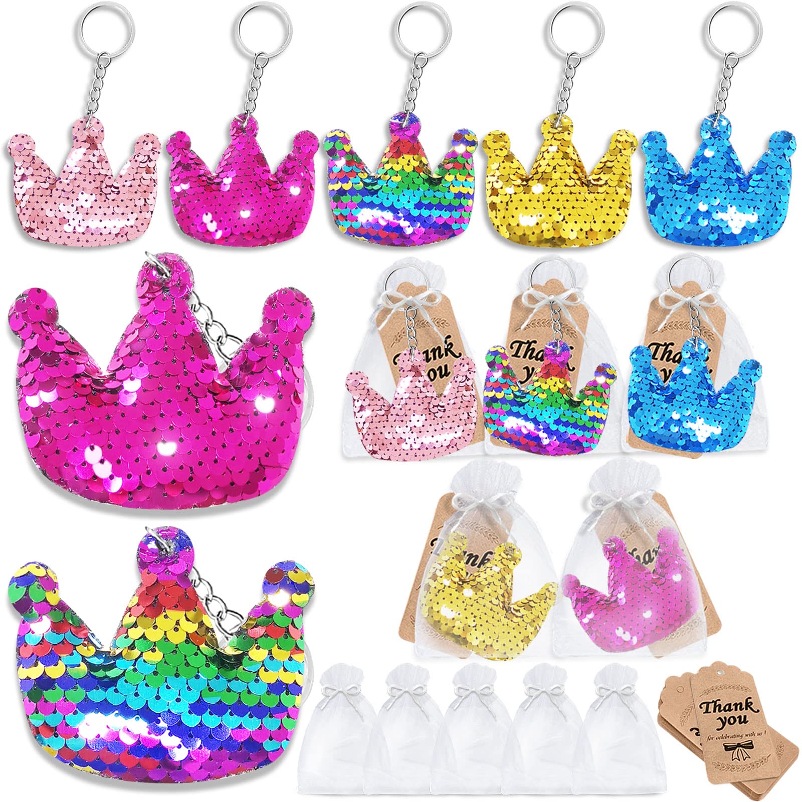Photo 1 of CiciBear 60 Pack Double-deck Crown Sequin Keychain Set with 20 Crown Keychains, 20 Thank You Tags and 20 Gift Bags for Birthday Party Favor, Kids and Adult Birthday, Baby Shower, 5 Colors