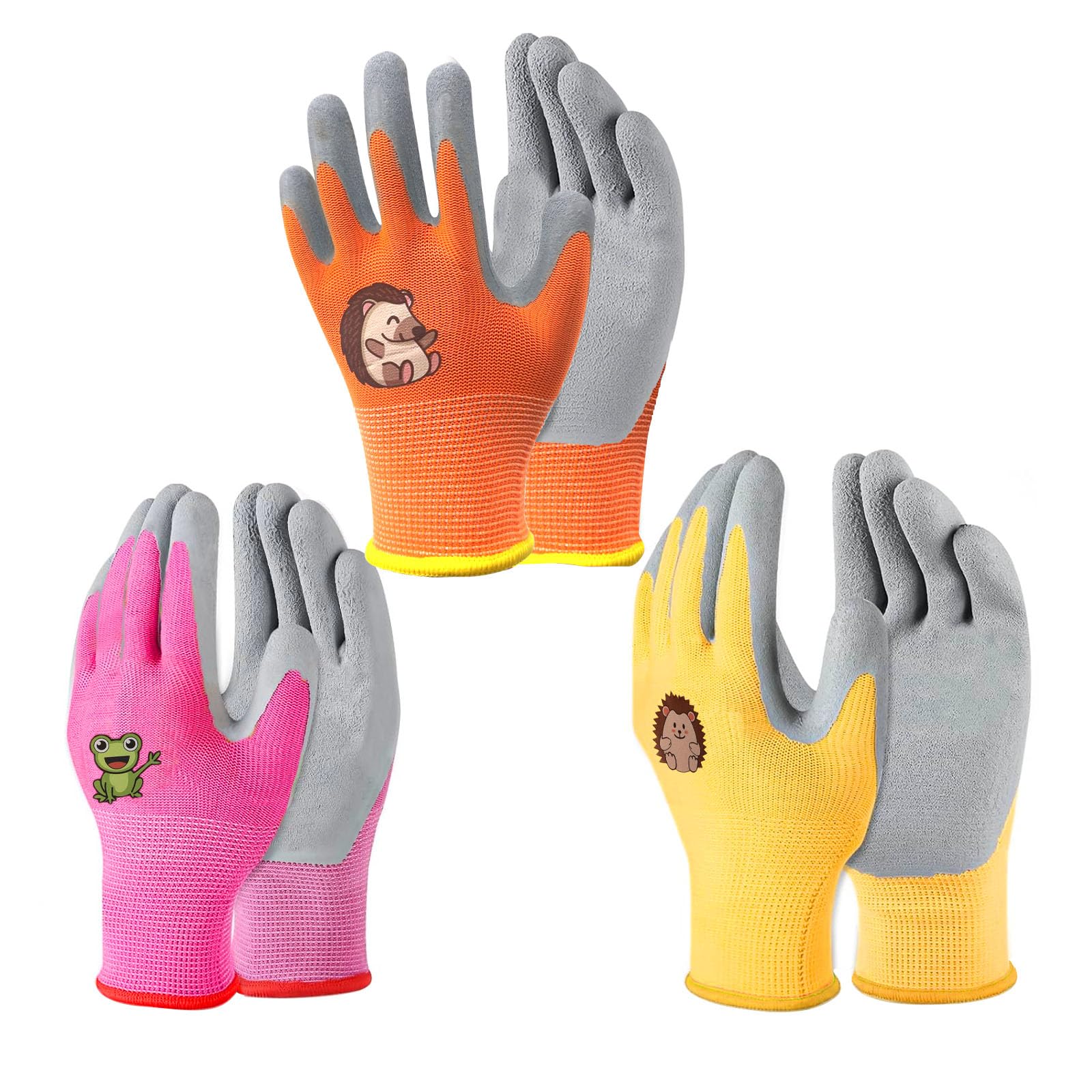 CubePlug Girls and Boys 3 Pairs Kids Gardening Gloves for Age 4-11, Non-Slip, Kids Gardening Work Gloves,Foam Rubber Coated Gardening and Work Gloves (Orange+Yellow+Pink, Age(4-5))