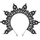 COSUCOS Greek Goddess Halo Crown - Sunburst Black Spiked Gothic Witch Headband with Green Rhinestones, Virgin Mary Flower Headpiece for Women Lady Cosplay Festival Halloween Renaissance Costmue