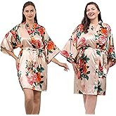 QXQTER Peony Floral Silky Satin Robe Wedding Bridal Party Bride Bridesmaid Robes for Women Dressing Gown Kimono Robe