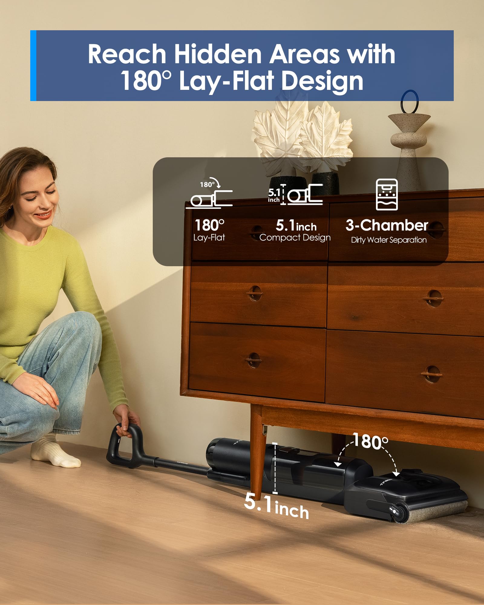 Tineco Floor ONE S7 Stretch Aspiradora en seco y húmedo ultra inalámbrica, diseño antienredos plano de 180 °, tiempo de ejecución de 50 minutos, autolimpieza Flashdry de 185 ℉, limpiador de pisos con limpieza de bordes de doble cara