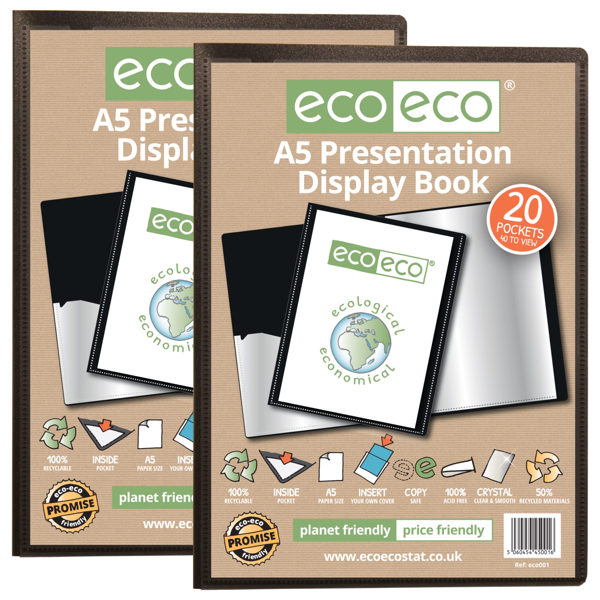 eco-eco A5 Size 50% Recycled 20 Pocket Black Presentation Display Book, Storage Case Portfolio Art Folder with Plastic Sleeves, eco001x2, (Pack of 2 Books)
