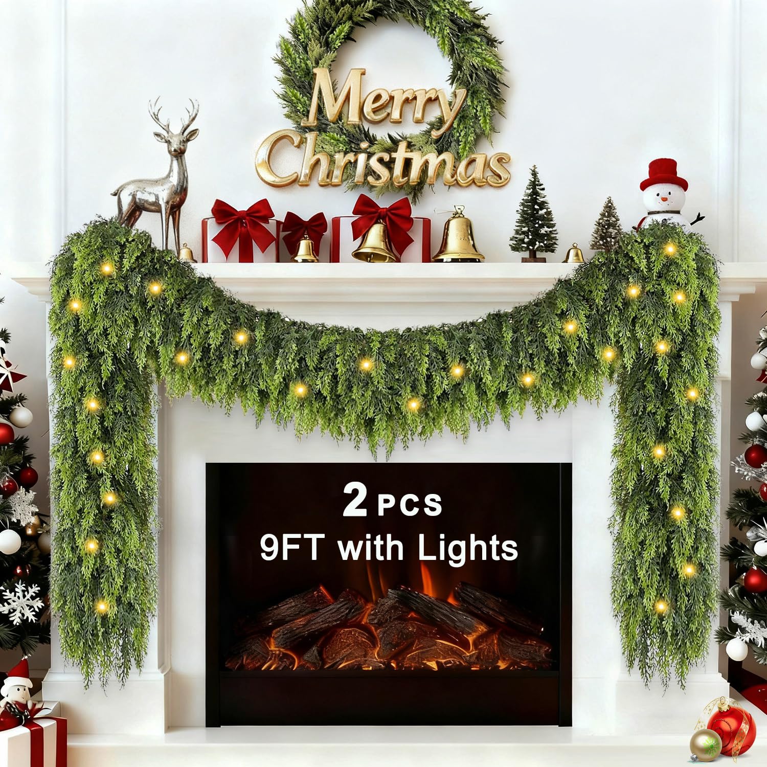 Photo 1 of ?2 Pcs? 9FT Cedar Garland with Lights, Prelit Christmas Garland Artificial Realistic, Real Touch Pine Christmas Garland for Mantle Stairs Outdoor Decoration, Battery Operated Faux Greenery Garlands