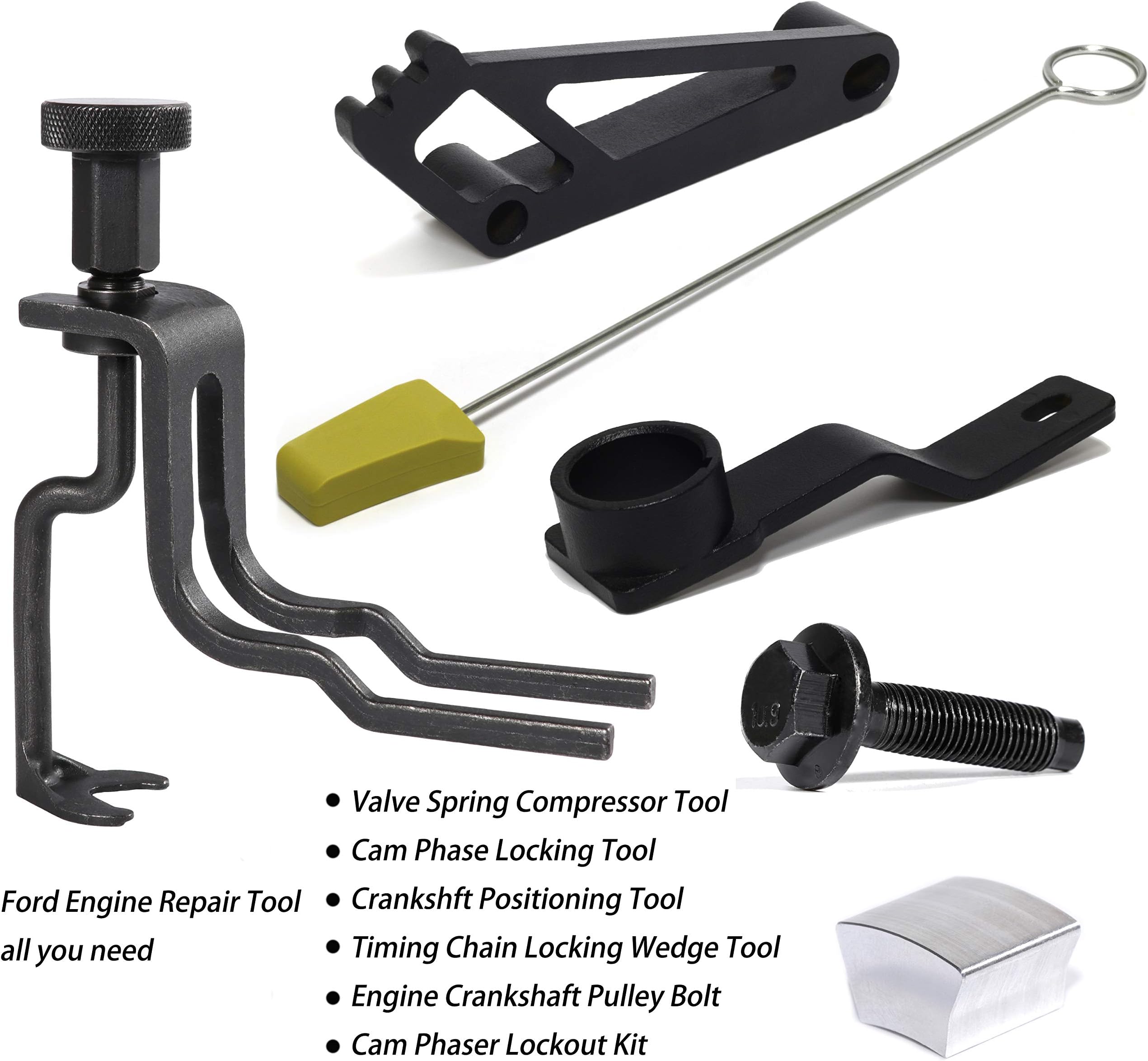 Engines Tools Kits for Ford 4.6L/5.4L/6.8L 3V-Valve Spring Compressor,Crankshaft Positioning Tool,Cam Phaser Holding,Cam Phaser Lockout kit,Timing Chain Locking Wedge Tool and Crankshaft Pulley Bolt