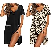 Ekouaer Nightgowns for Women 2 Pack Button Down Sleep Shirts Short Sleeve Nightshirt Sleepwear House Dress with Pockets