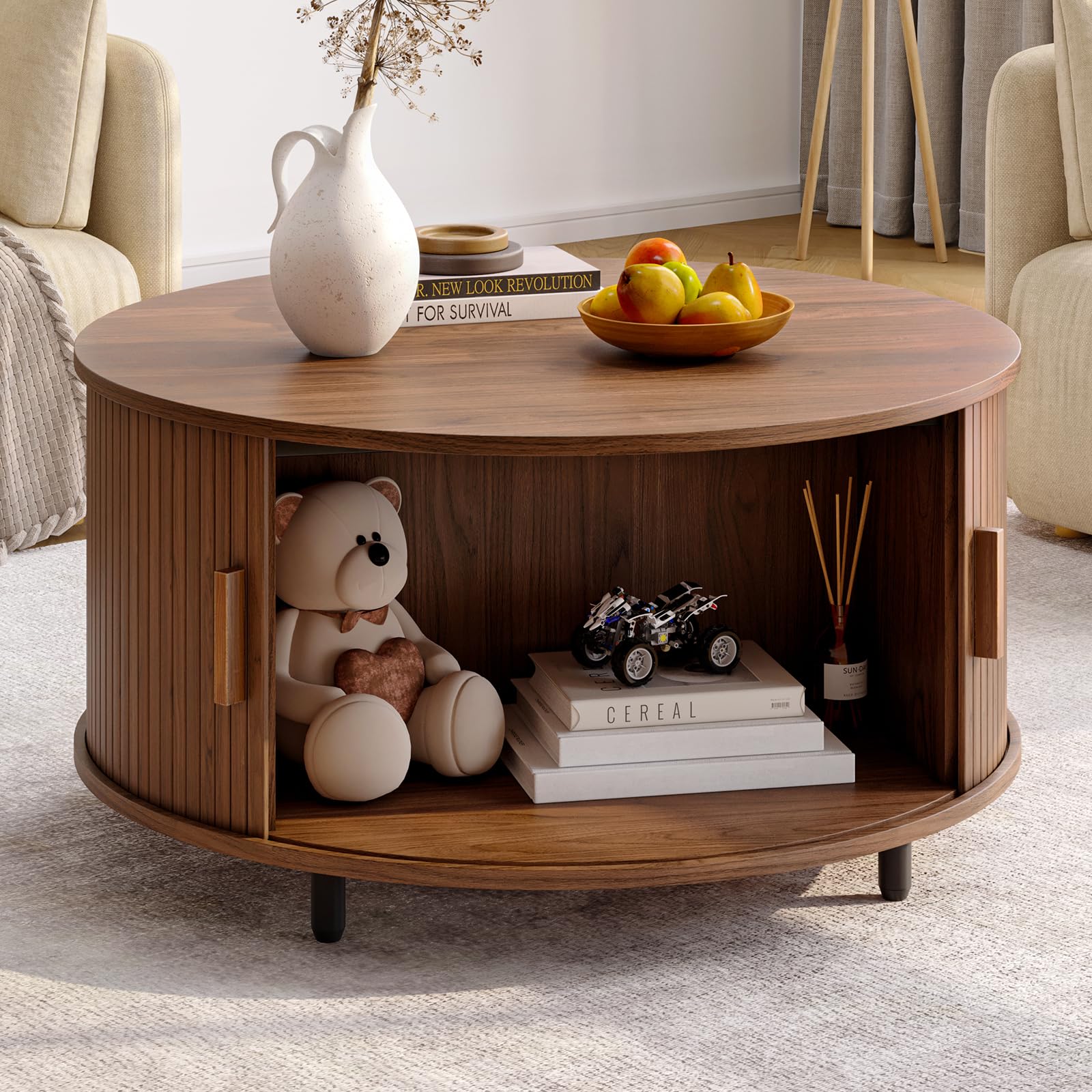 ONBRILL 31.5" Round Coffee Table w/Storage Adjustable Footpad Walnut