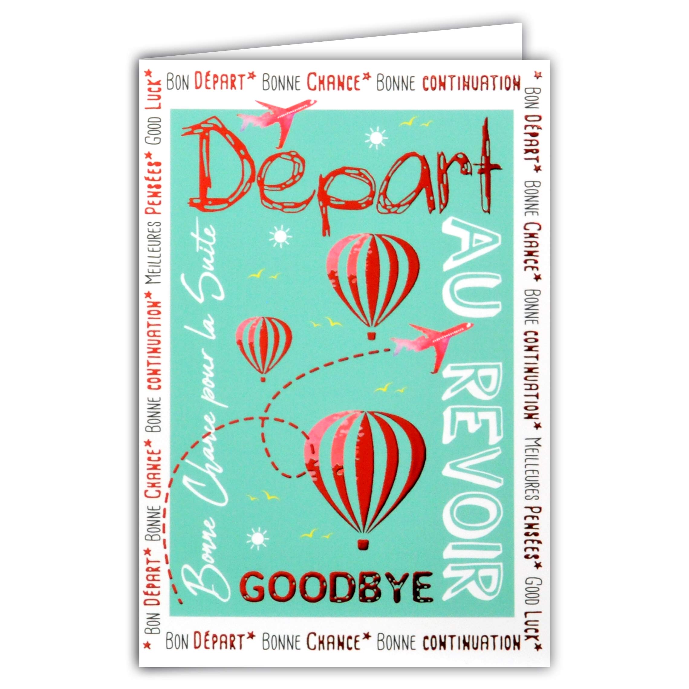 68-1207 Goodbye Good Luck Continuation Card Glossy Red with Envelope for Moving or Retirement Colleague Work Company Hot Air Balloons Aircraft Made in France