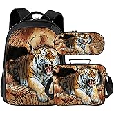 Tijuboni Kids Backpack for School Boys and Girls - 3pcs, Tiger School Backpack with Lunch Box and Pencil Case for Children Bookbag 16 Inch Large Capacity