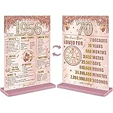 Bumqviy Happy 70th Birthday Decorations Back in 1956 Table Sign for Women, Pink Rose Gold Happy 70 Birthday Two-Sided Wooden Poster with Stand, Seventy Year Old Birthday Gift Party Supplies
