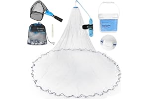 Calamus Cast Net 3/8" Mesh for Freshwater and Saltwater, 3ft-6ft Radius Casting Nets with Heavy-Duty Sinking Nylon Line, Mesh Storage Bag & Storage Bucket & Net Repair Kit