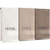 FuWeave 3 Pcs Home Love Family Hand Towels Farmhouse Decorative Embroidered Bathroom Hand Towels Rustic 100% Cotton Brown Hand Towels Set for Boho Bathroom Kitchen Decor