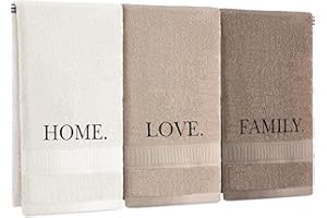 FuWeave 3 Pcs Farmhouse Decorative Hand Towels for Bathroom and Kitchen Rustic Embroidered 100% Cotton Hand Towels Decorative Set for Boho Bathroom Decor (Brown,Home,Love,Family)