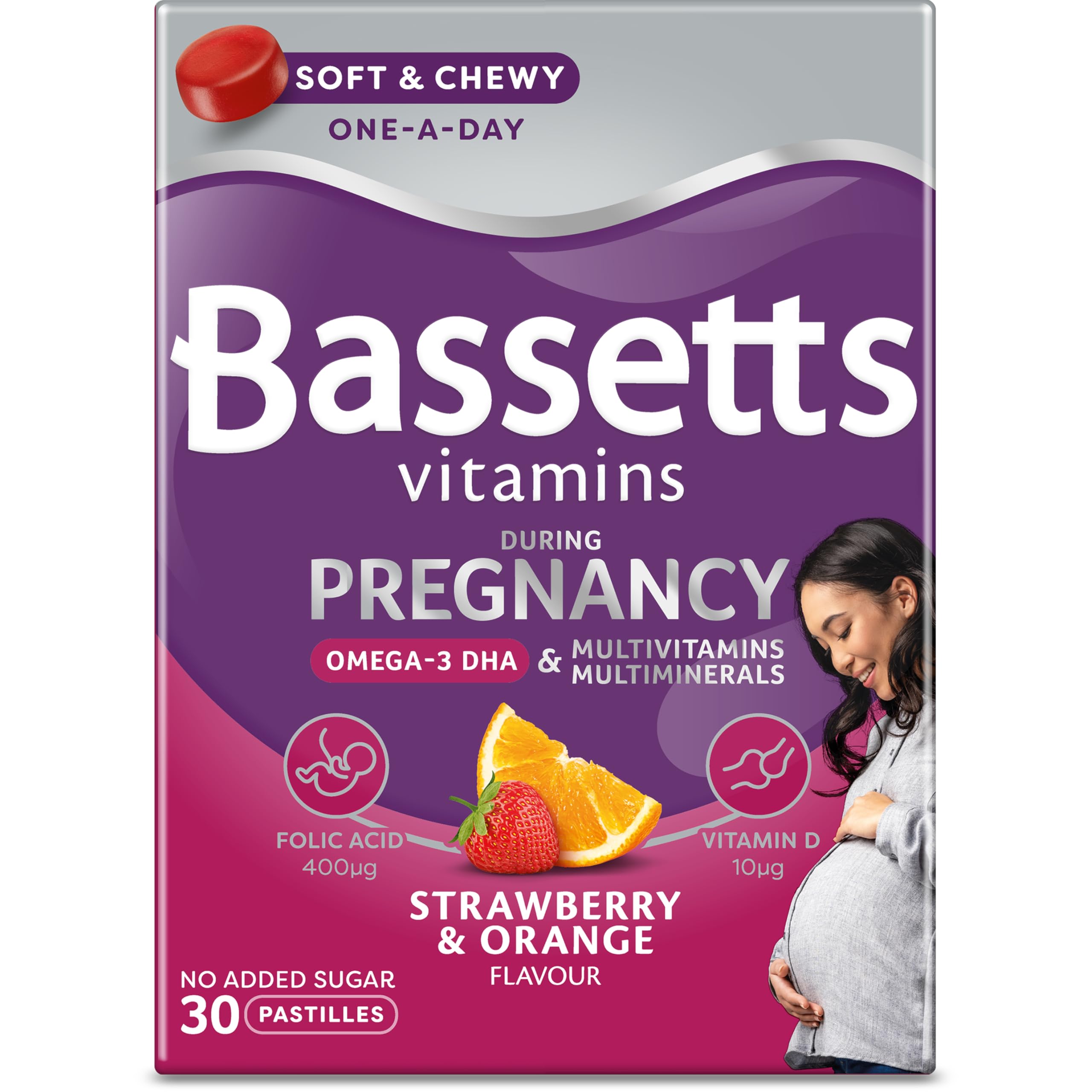 Bassetts Vitamins Pregnancy+ Omega-3 DHA Multivitamins & Multiminerals Strawberry & Orange Flavour 30 Gummy Pastilles