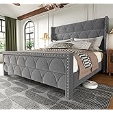 OHOHOLIVE King Size Bed Frame with 56" Headboard - Velvet Upholstered Wingback Platform Bed Frame, Noise Free, Sturdy Wooden Slat Support (Deep Gray, King)