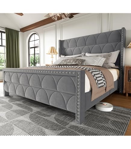 Amazon.com: ACME Furniture Queen Bed, Velvet and Antique Platinum