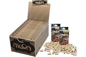 MOON 50 Booklets Wood Paper Regular 1 1/4 Rolling Paper 77 * 44mm 1 Box 2000 Leaves with 2box 240 Pre-Rolled Filter Tips Ø7mm