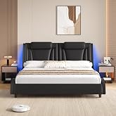 Keyluv Queen LED Upholstered Bed Frame with Adjustable Headboard, Black | Platform Bed with Wave-Like Curve Safety Design, PU Leather &amp; Solid Wood Slats, RGB Lights with App/Remote, Easy Assembly